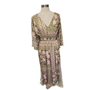 Womens Hawaiian Floral Print Maxi Dress Size Large Green Pink Wide Sleeves
